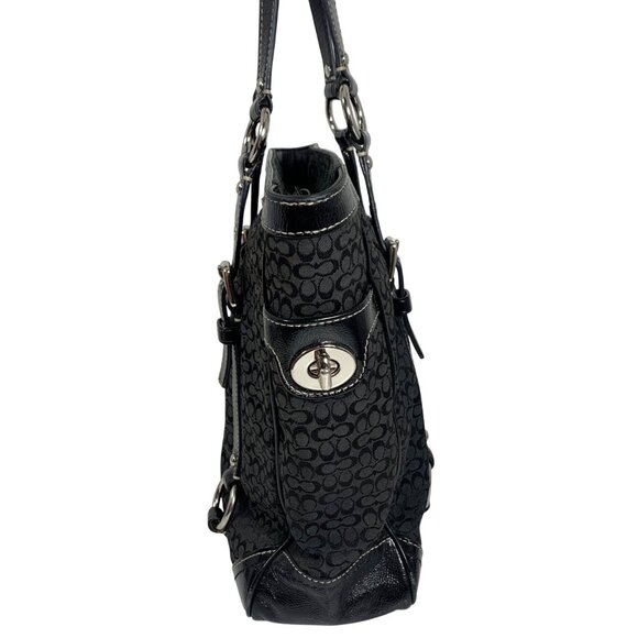 COACH Gallery Tote Signature Black Jacquard Patent Leather Buckle Grommet Straps - Picture 2 of 10